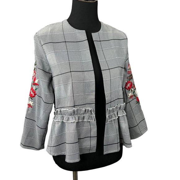 Mulaya Open Front Blazer Jacket M Black Plaid Peplum Embroidered Floral Sleeves - Picture 1 of 10